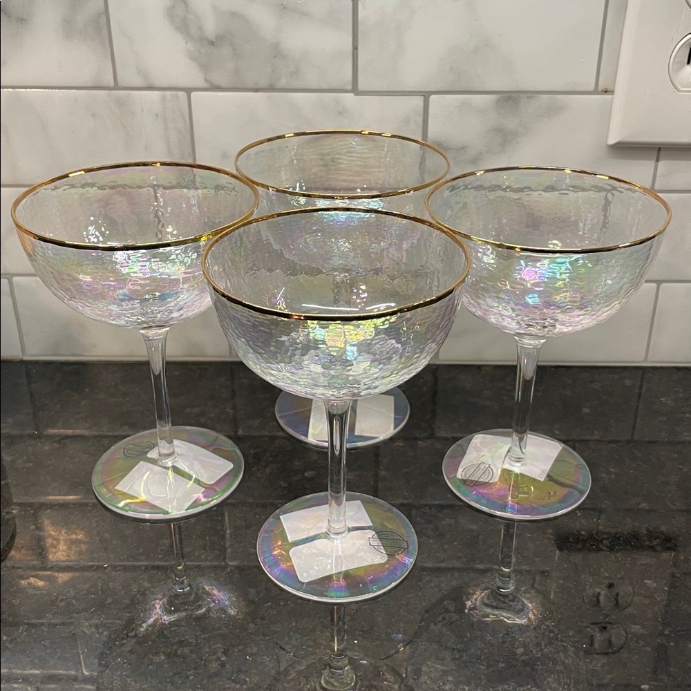 Tommy Bahama Gold Rimmed Hammered Iridescent Coupe Glasses Set of 4